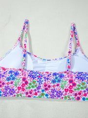 Fato de banho de biquíni de cintura alta com alças finas com estampado floral roxo e renda - Miniatuur