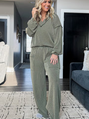 Vierblatt-Kleeblatt verdrehte Rippen, freiliegende Naht Detail V-Ausschnitt Pullover Plus-Size Hosenset - Miniatuur
