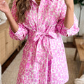 Rosa abstrakt Leopard-Print Krawatt Taille Puff Sleeve Mini Shirt Kleed - Foto 1