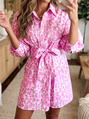 Pink Abstract Leopard Print Tie Waist Puff Sleeve Mini Shirt Dress - Miniatuur