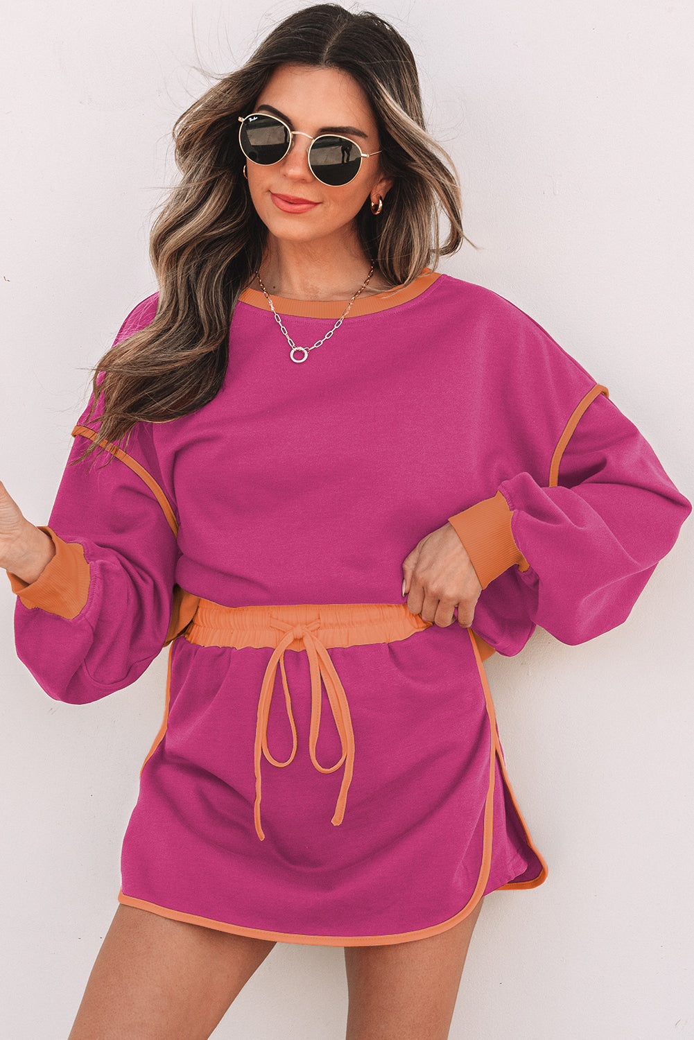 Schwarzer Farbkontrast Locker Pullover und Schnürung Taille Skort Set – Damesmode Afbeelding 10