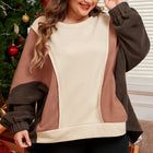 Brauner Farbblock mit freiliegender Naht Plus-Size-Hoodie – Damesmode Afbeelding 5 - Thumbnail
