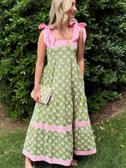 Vestido Maxi de tirantes nudos con estampado floral verde con detalles de nudo - Miniatuur