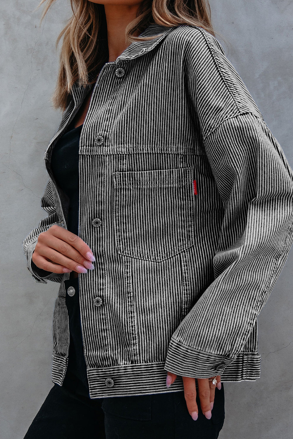 Blue Stripe Washed Oversize Pocketed Denim Jacket - Women's Fashion Image 3