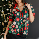 Green Christmas Fashion Print Contrast Trim Frilled Neck Short Sleeve Blouse - Thumbnail