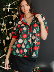 Green Christmas Fashion Print Contrast Trim Frilled Neck Short Sleeve Blouse - Miniatuur