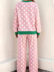 Khaki Polka Dot Contrast Trim Long Sleeve Top Drawstring Shift Pants Set - Miniatuur