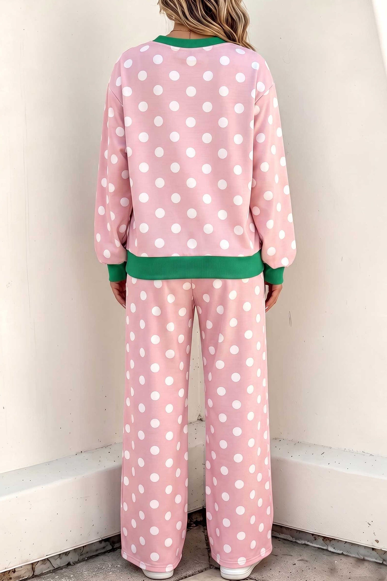 Khaki Polka Dot Contrast Trim Langärmel-Oberteil, Kordelzug-Shift-Hose Set