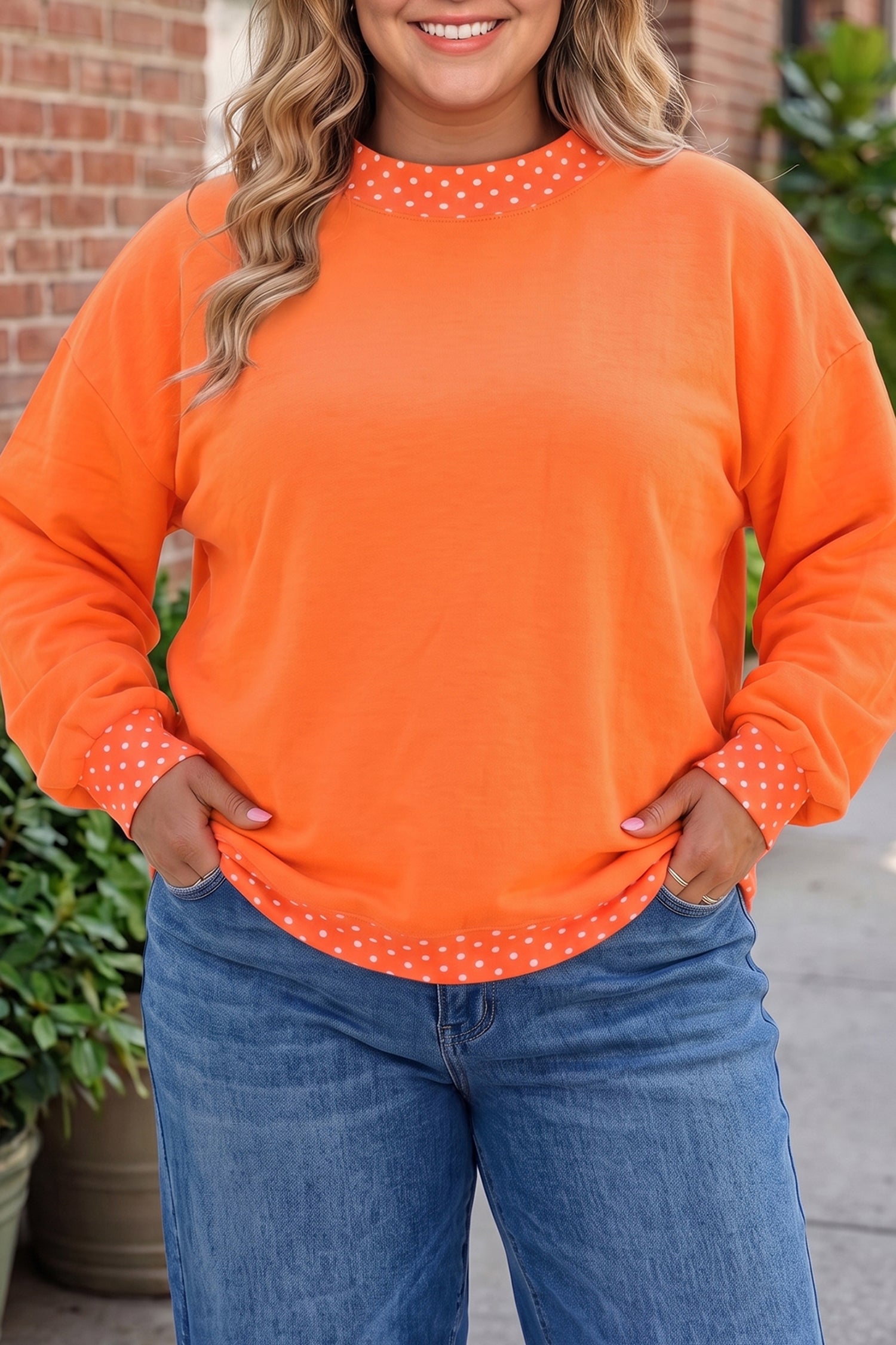 Sweat-shirt grande taille à pois bleu sale à pois patchwork à col rond