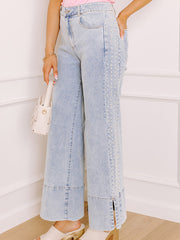 Beau Blue Mid Rise Pearl Embellished Split Wide Leg Jeans - Damesmode Afbeelding 4 - Miniatuur