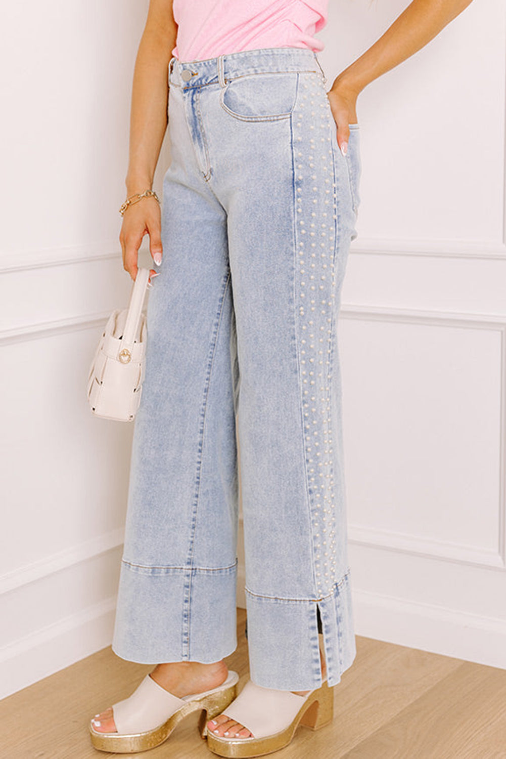 Beau Blue Mid Rise Pearl Embellished Split Wide Leg Jeans - Damesmode Afbeelding 4