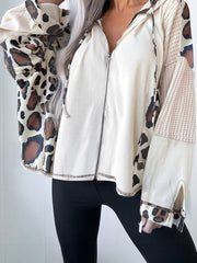 Apricot Oversized Leopard Contrast Mixed Texture Patchwork Zip Up Zip Shoulder Hoodie – Damesmode Afbeelding 2 - Miniatuur