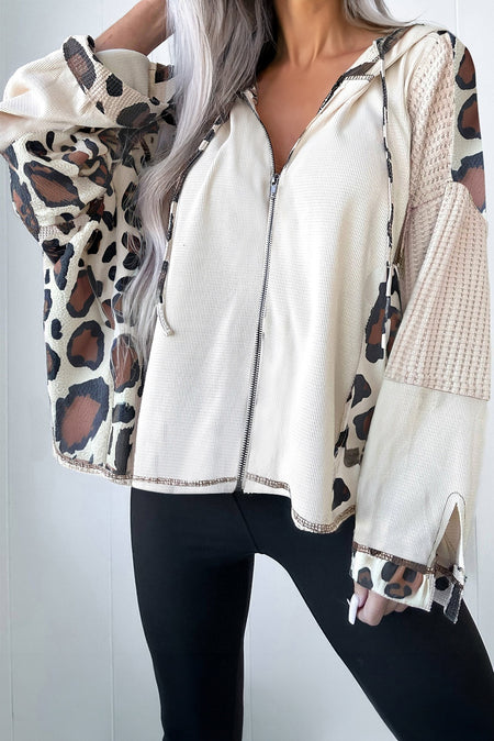 Abrikoos Oversized Leopard Print Contrast with Texture Mix Patchwork Zip Up with Dropped Shoulder Capuchontrui - Detail