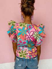 Multicolor Vibrant Floral Print Trimmed Ruffle Sleeve Blouse - Miniatuur