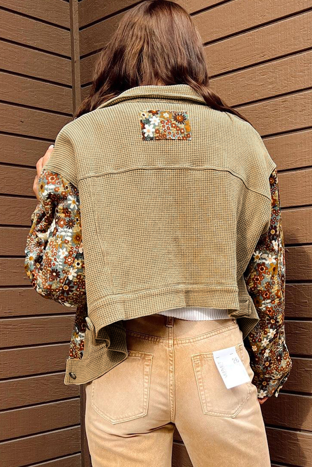 Khaki-Waffel-Strick-Patchwork-Jacke mit Knopfen