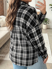 Black Plaid Long Sleeve V Neck Shift Plus Size Shirt Jacket - Damesmode Afbeelding 2 - Miniatuur