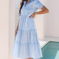 Sky Blue Stripe Bubble Short Sleeve Tiered Scallop Long Dress - Foto 3