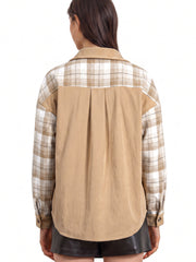 Chemise à carreaux beige français clair col à blocs de couleur Shift Shacket - Miniatuur