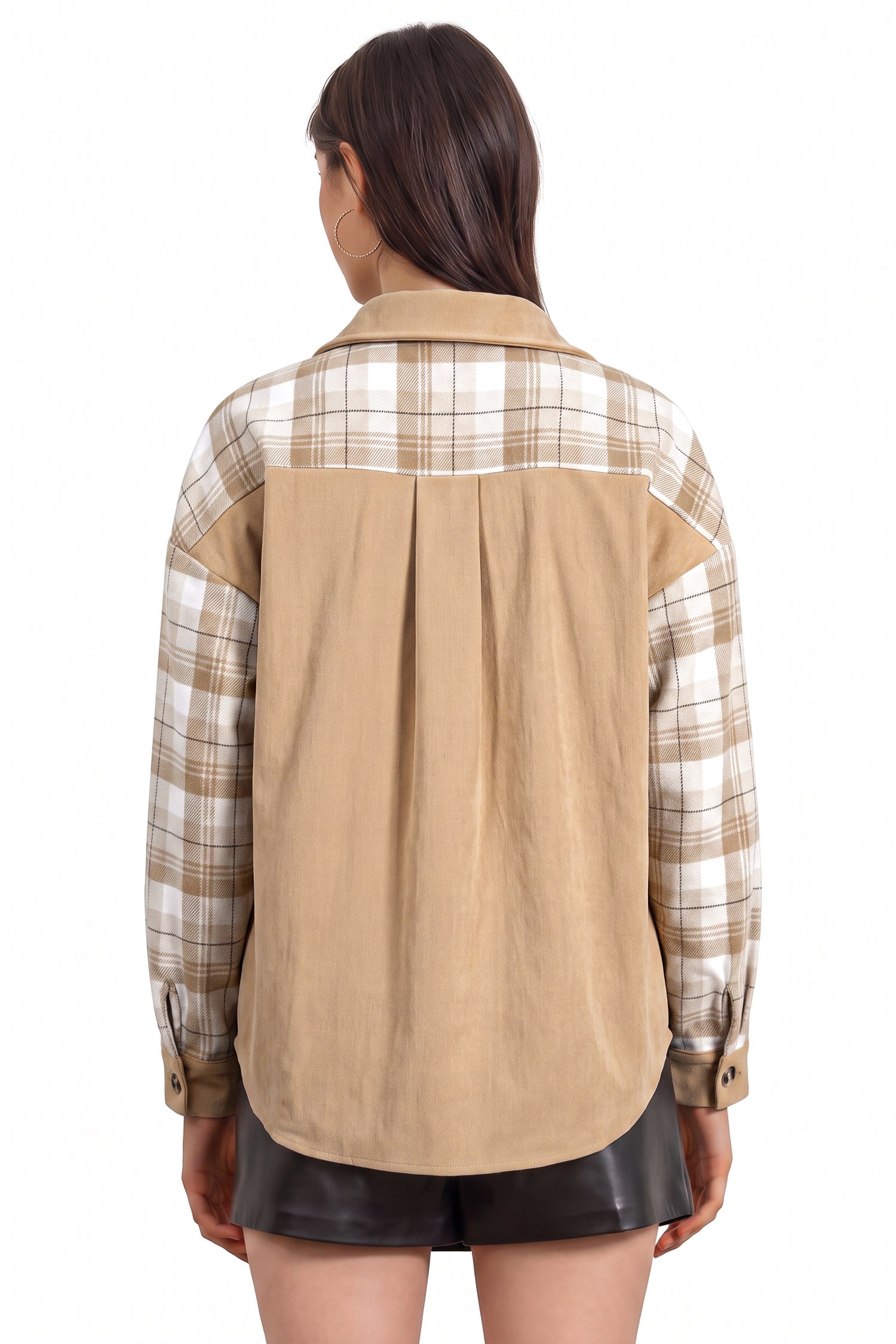 Lys fransk beige ternede farveblokke skjortekrave Shift Shacket