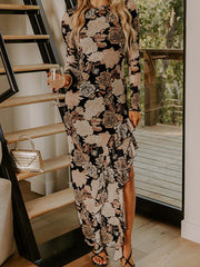 Black Floral Long Sleeve Asymmetric Ruffle Split Hem Mesh Dress - Damesmode Afbeelding 3 - Miniatuur
