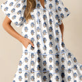 Sky Blue Floral Puff Sleeve Tied Neck Pocketed Mini Dress - Foto 1