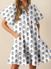 Sky Blue Floral Puff Sleeve Tied Neck Pocketed Mini Dress - Miniatuur