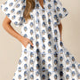 Sky Blue Floral Puff Sleeve Tied Neck Pocketed Mini Dress