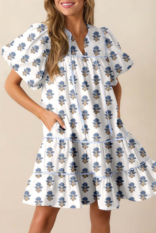 Sky Blue Floral Puff Sleeve Tied Neck Pocketed Mini Dress