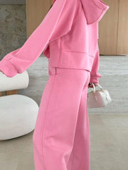 Rosa einfarbiger Hoodie-Hoodie mit Kordelzug und lockerer Hose - Miniatuur