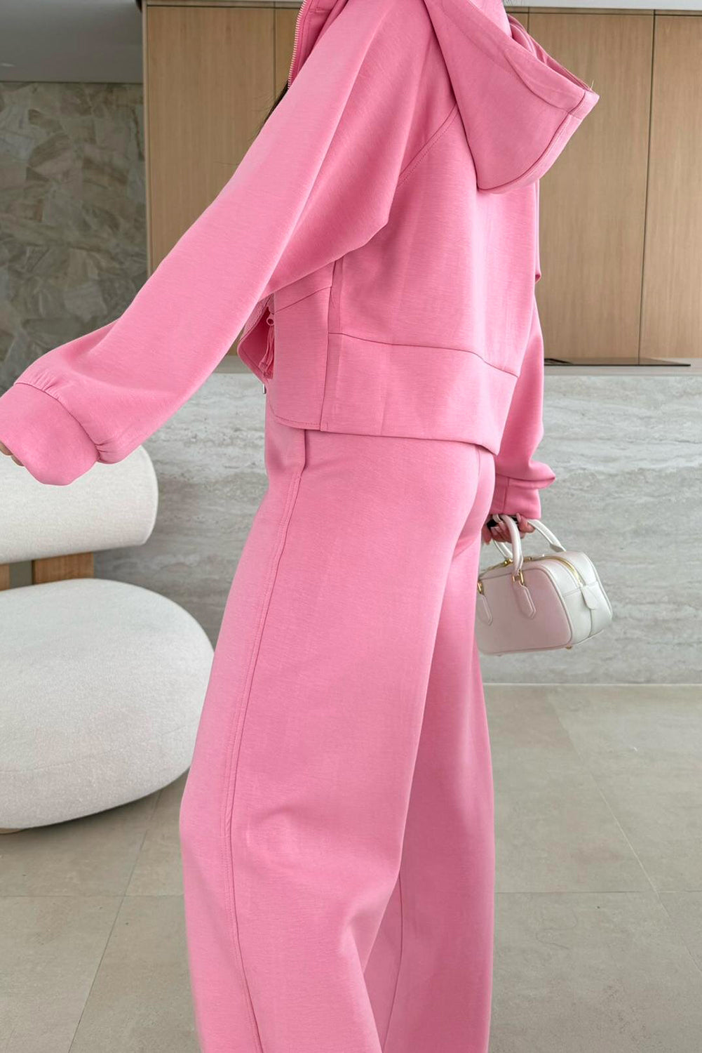 Set Pantaloni Larghi con Felpa con Zip Rosa Colore Unico