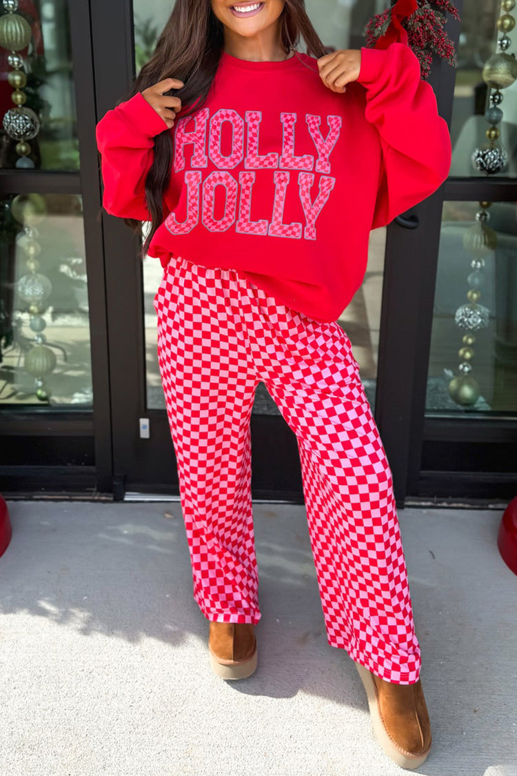 Red Christmas Slogan Graphic Plaid Contrast Two-piece Pant Set - Damesmode