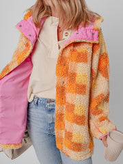 Orange karierte Sherpa-Kapuzenjacke - Miniatuur