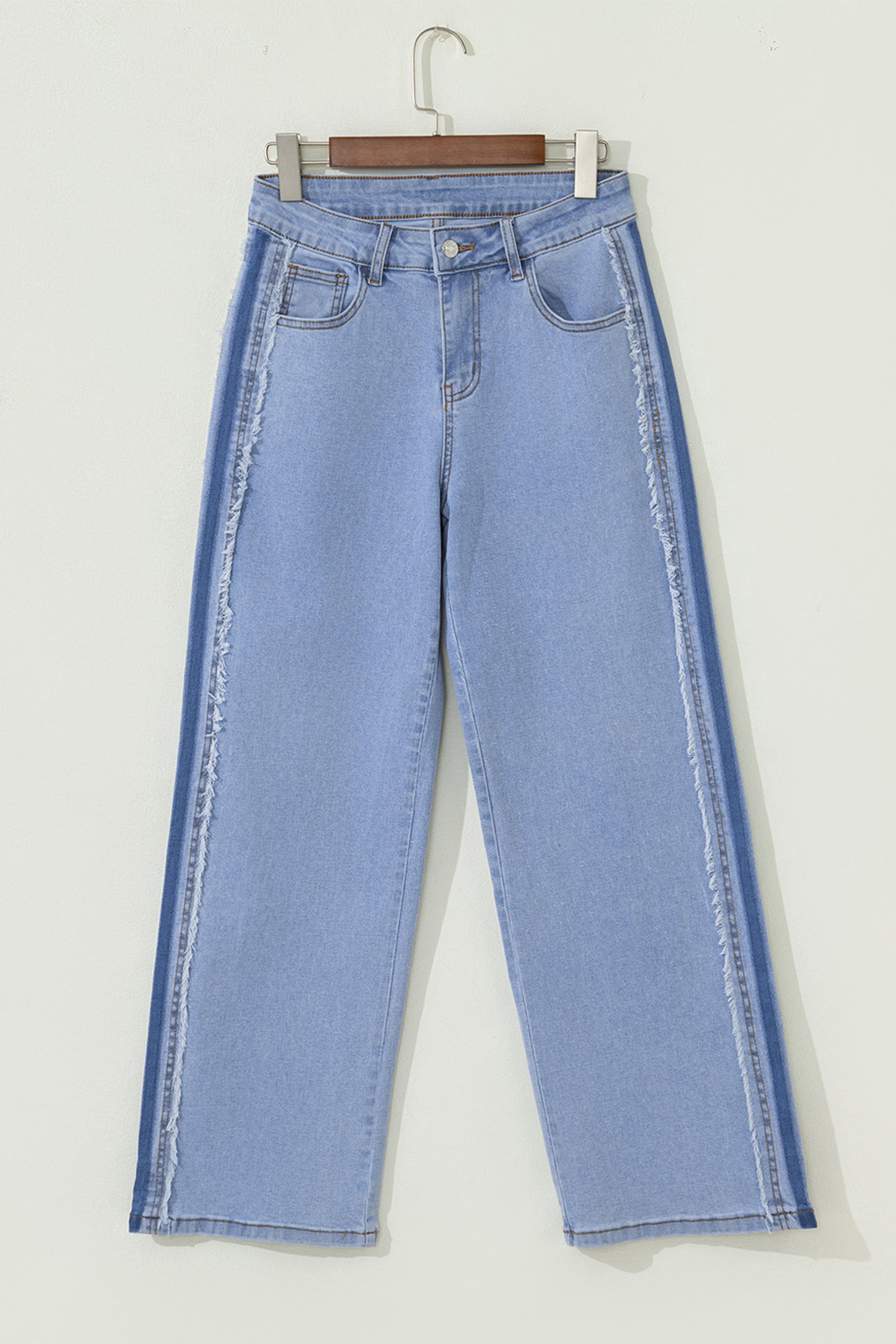 Beau Blue Contrast Stripe Frayed Side Panel Patchwork Shift Jeans - Damesmode Afbeelding 5