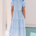 Sky Blue Stripe Bubble Short Sleeve Tiered Scallop Long Dress - Foto 2
