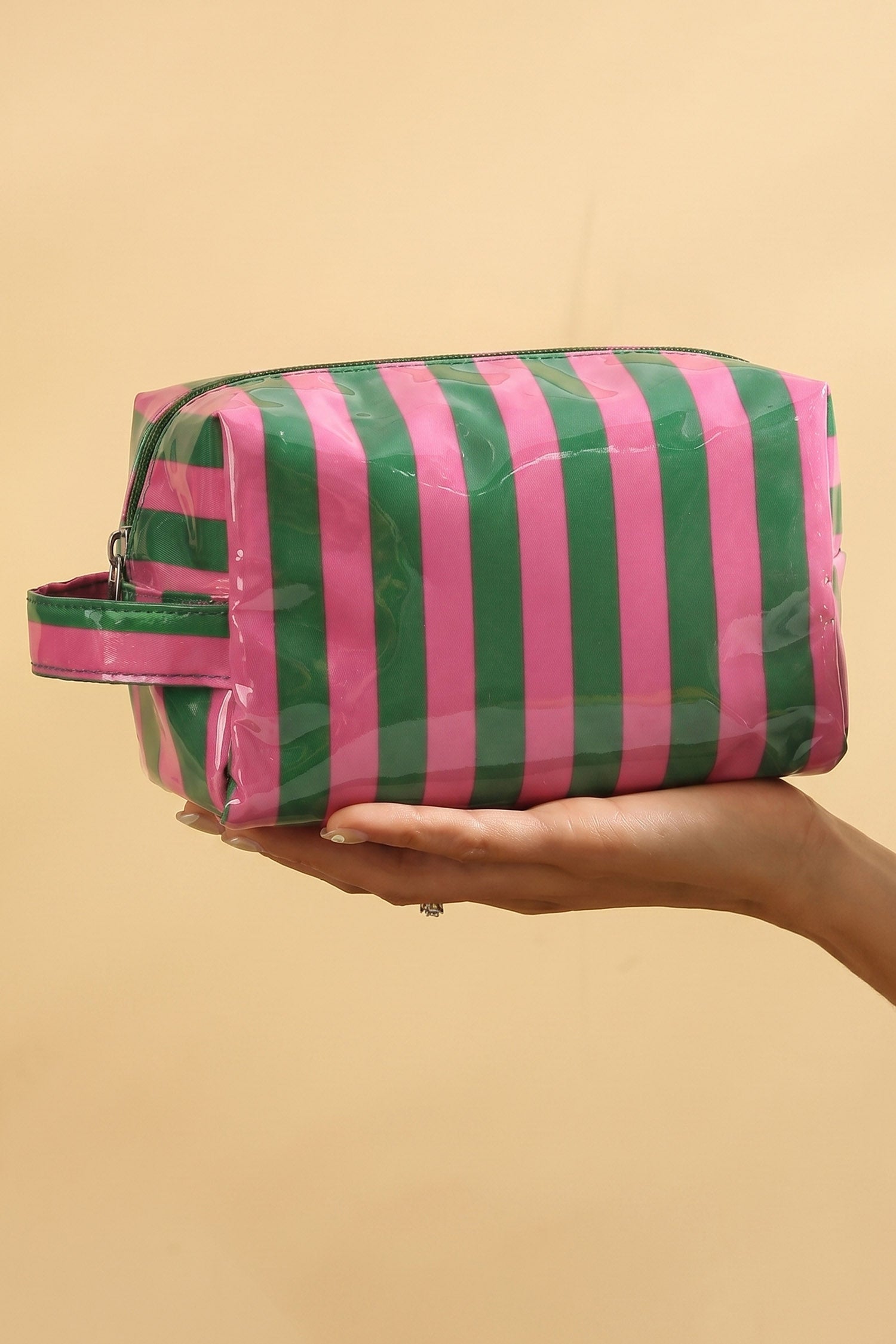 Sac cosmétique en PVC rayé rouge flamboyant Organisateur de voyage durable avec poignée zippée
