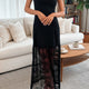 Zwart Effen Color Mouwloos Sheer Gebloemde met Kant Patchwork Lange Maxi-Jurk