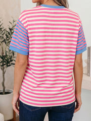 Pink Stripe Contrast Patchwork Short Sleeve Loose Tee - Miniatuur