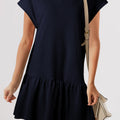Navy Blue Solid Color Cap Sleeve Ruffle Hem Casual Short Dress - Foto 1
