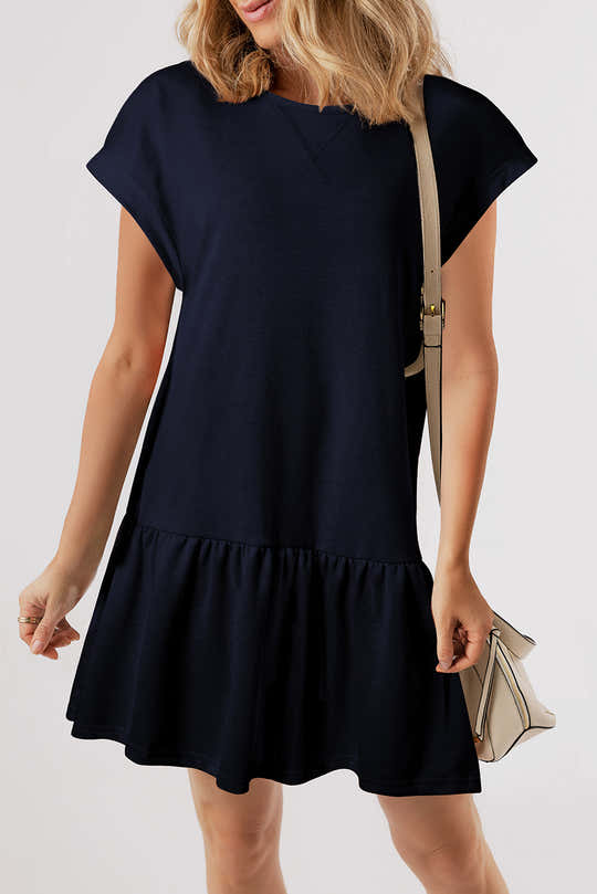 Marineblaues einfarbiges Kappenärmel-Rüschen-Saum, legeres kurzes Kleid