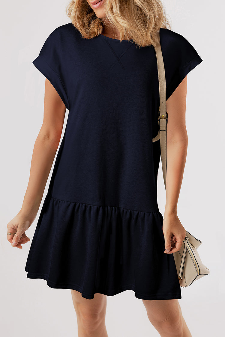 Navy Blue Solid Color Cap Sleeve Ruffle Hem Casual Short Dress - Damesmode