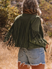 Green Cropped Fringe Faux Suede Jacket - Miniatuur