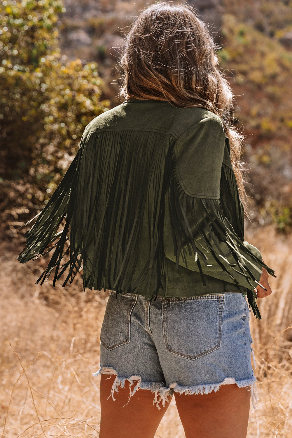 Veste verte à franges courtes en pseudo daim