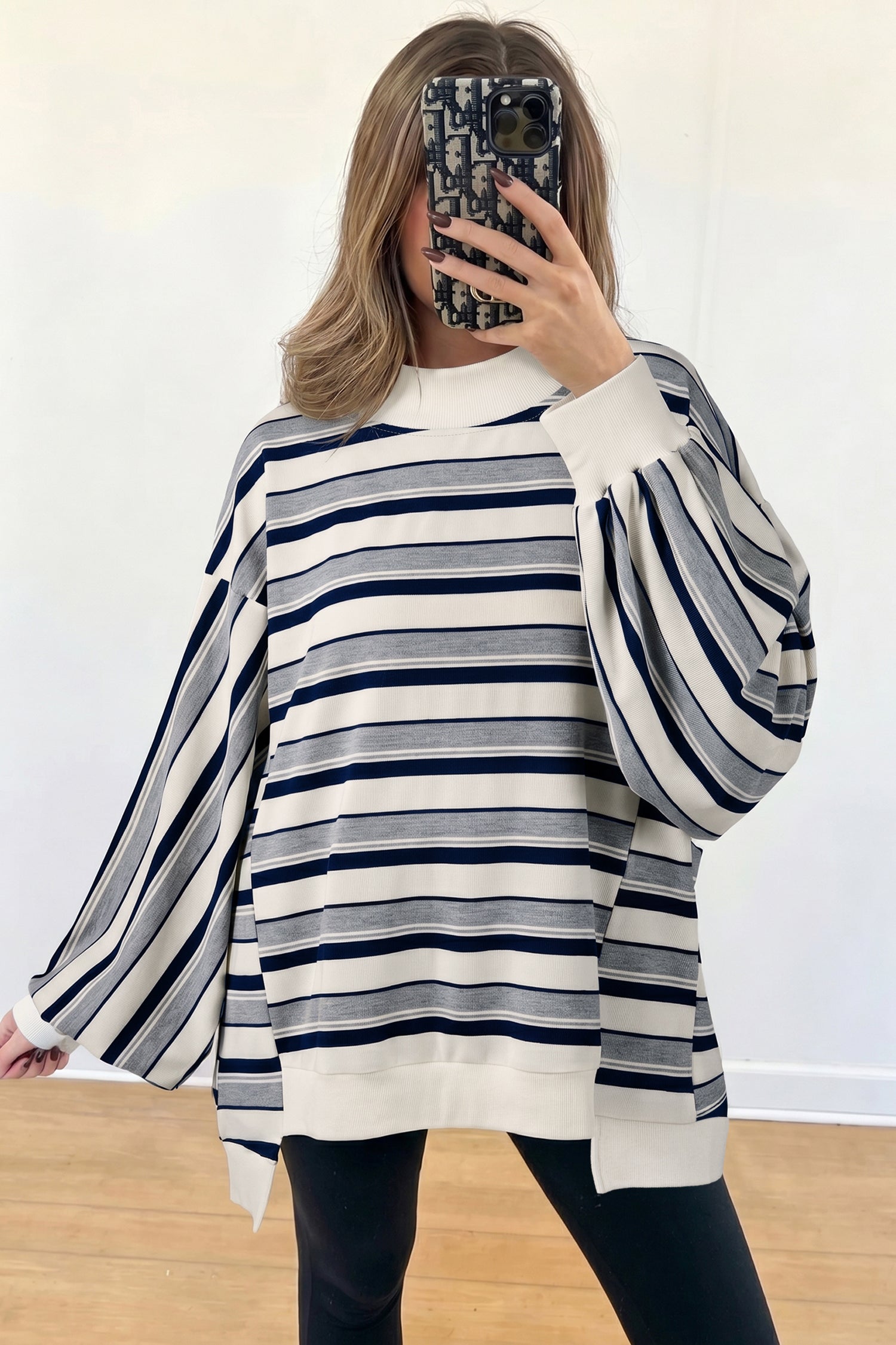 Blue Stripe Striped Ribbed Stand Neck Long Sleeve Shift Silhouette Sweatshirt - Damesmode Afbeelding 2