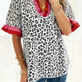 Pink Stripe Ruffled Trim V Neck Leopard Print Short Sleeve Blouse - Foto 4