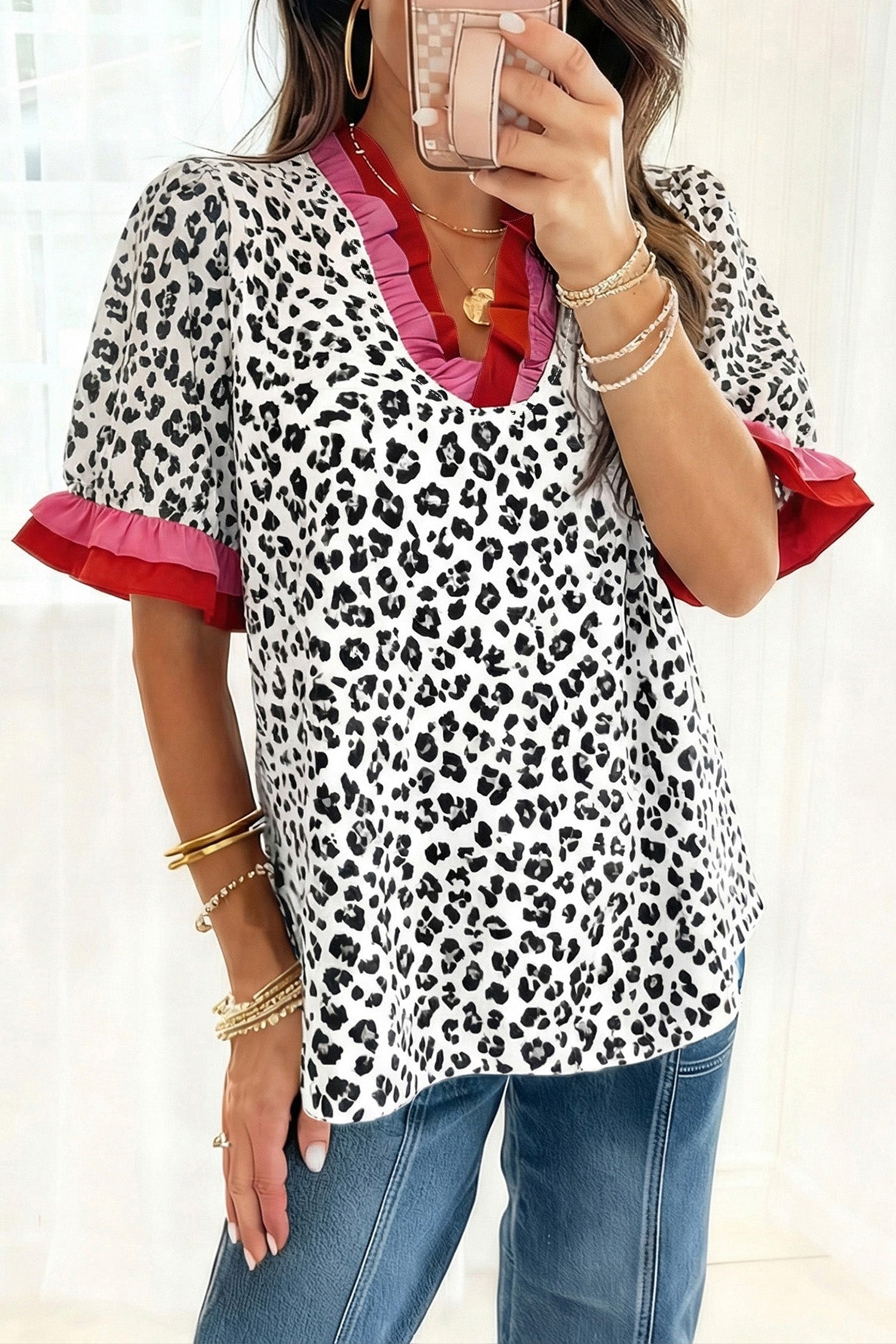 Pink Stripe Ruffled Trim V Neck Leopard Print Short Sleeve Blouse