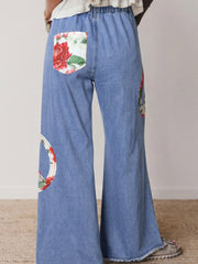 Myosotis Floral Peace Sign Embroidered Patch Wide Leg Jeans - Miniatuur
