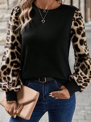 Khaki Leopard Puff Sleeve Patchwork Top - Miniatuur