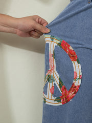 Myosotis Floral Peace Sign Embroidered Patch Wide Leg Jeans - Miniatuur