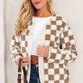 Brown Checkered Sherpa Buttoned Front Chunky Jacket - Damesmode Afbeelding 3 - Foto 3