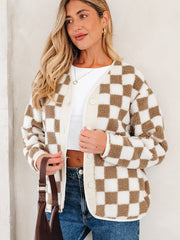 Giacca marrone a scacchi Sherpa con bottoni davanti e grosso - Damesmode Afbeelding 3 - Miniatuur